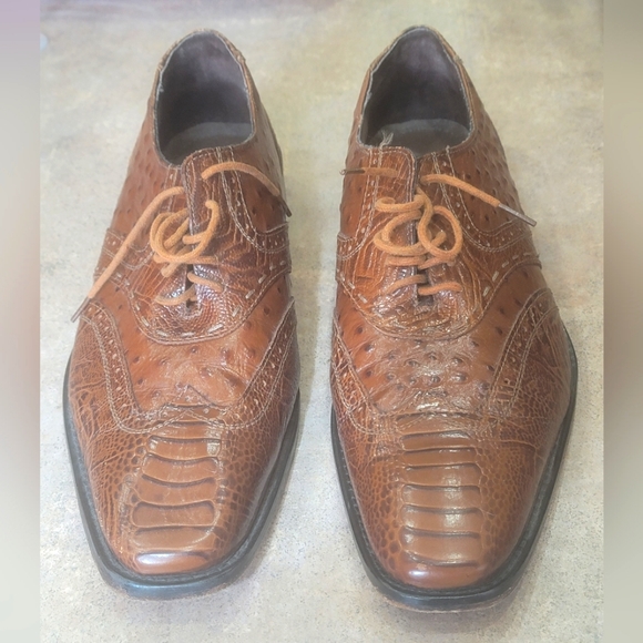 Stacy Adams "Armento" All-Over Mustard Ostrich Print Shoes, US M 11-1/2 - Picture 4 of 9